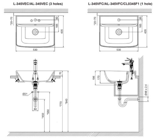 ban ve ki thuat chau rua mat lavabo inax al 345v ban am